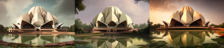 Bahai Lotus Tempel Neu-Delhi Indien: Ein modernes, blütenförmiges Gebäude, das als spirituelles Zentrum für die Bahai-Gemeinde dient. (c) 2023 Midjourney AI, Lizenz: CC BY-NC 4.0
