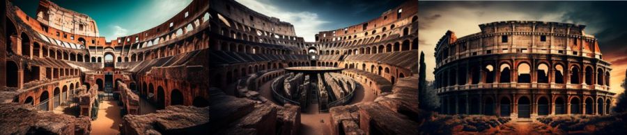 Kolosseum Rom Italien: Das römische Amphitheater ist eines der bekanntesten Bauwerke der Antike und war einst ein Schauplatz für Gladiatorenkämpfe. (c) 2023 Midjourney AI, Lizenz: CC BY-NC 4.0