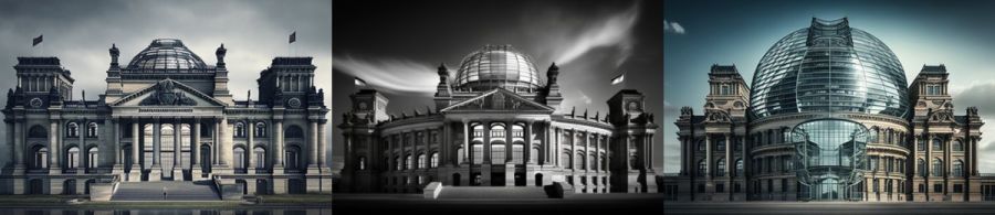 Reichstag Berlin Deutschland: Ein historisches Gebäude, das als Sitz des Deutschen Reichstags und heute als Sitz des Deutschen Bundestags dient. (c) 2023 Midjourney AI, Lizenz: CC BY-NC 4.0