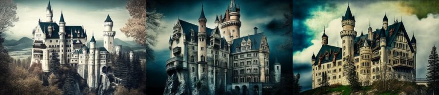 Schloss Neuschwanstein Bayern Deutschland: Ein Märchenschloss im Stil der Neugotik, das als Inspiration für das Schloss im Disney-Film "Die Schöne und das Biest" diente. (c) 2023 Midjourney AI, Lizenz: CC BY-NC 4.0
