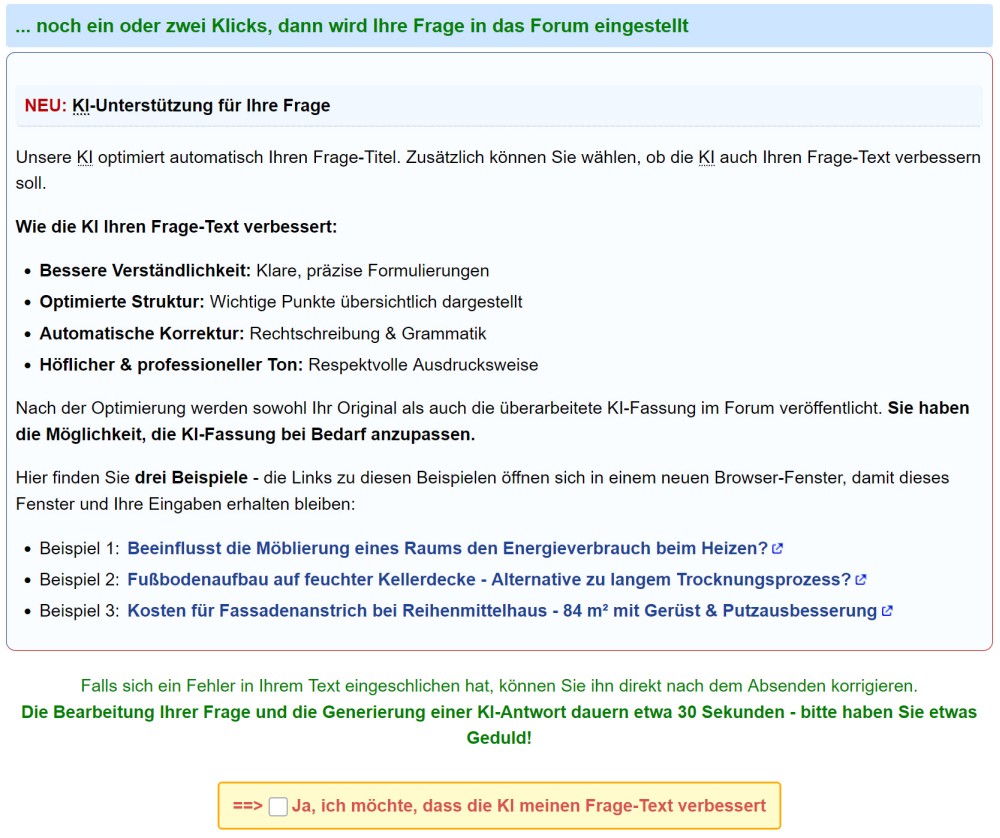 BAU.DE / BAU-Forum: 1. Bild zu Antwort "KI-Funktionalität: Testphase für Forumsmitglieder gestartet" auf die Frage "KI zur Aufbereitung von Forenbeiträgen: Zusammenfassung, Glossar & Strukturierung?" im BAU-Forum "Das Forum über unsere Foren - Anregungen, Kritik, Vorschläge für neue Foren etc." BAU.DE / BAU-Forum: 1. Bild zu Antwort "KI-Funktionalität: Testphase für Forumsmitglieder gestartet" auf die Frage "KI zur Aufbereitung von Forenbeiträgen: Zusammenfassung, Glossar & Strukturierung?" im BAU-Forum "Das Forum über unsere Foren - Anregungen, Kritik, Vorschläge für neue Foren etc."