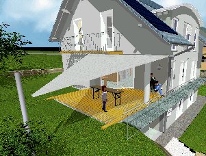 Bild von Martin Outl - Titel: Terrasse mit Sonnensegel (am 1. August um 16 Uhr) Bild von Martin Outl - Titel: Terrasse mit Sonnensegel (am 1. August um 16 Uhr)