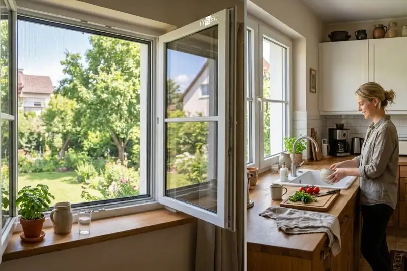 Offenes Fenster mit integriertem Fliegengitter sorgt f&uuml;r frische Luft und h&auml;lt Insekten zuverl&auml;ssig fern - f&uuml;r entspanntes Wohnen im Alltag.